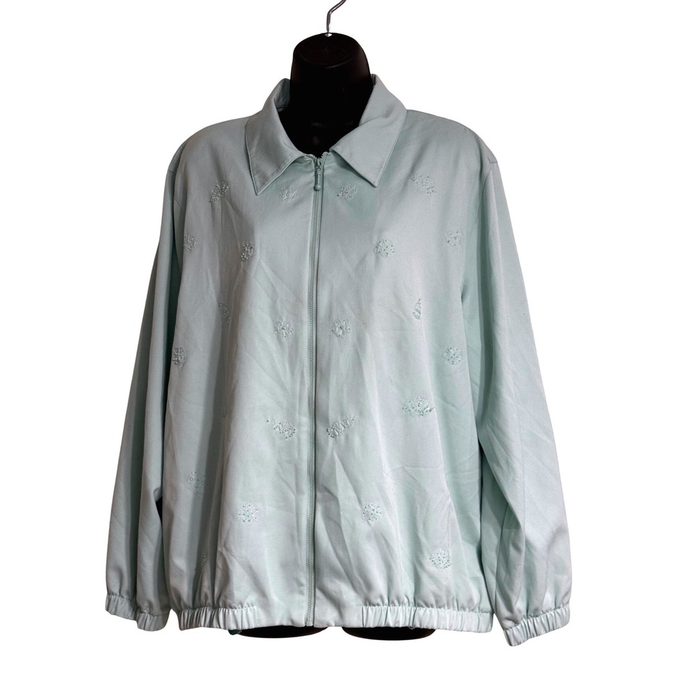 Alfred Dunner Mint Green Beaded Floral Zip Up Jacket Womens 18 Elastic Hem